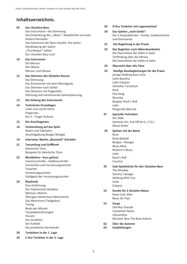 Inhaltsverzeichnis Handbuch für den Ukulelenbass Inhaltsverzeichnis Handbuch für den Ukulelenbass